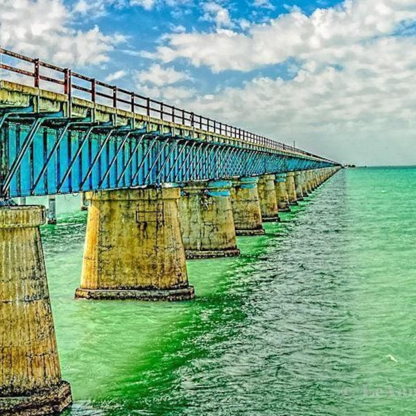 Seven Mile Bridge,Marathon Key,Key West,Florida,Florida Keys,Bridge,Panoramic,Ocean,Turquoise,Clouds,Blue,Canvas,Metal,Wall Art,Canvas Art