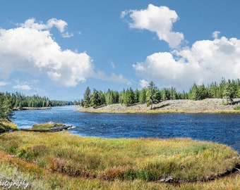 Yellowstone National Park Fall Print Poster West Entrance Madison River and Mountain Scene Summer Fine Art Photography Canvas Frame Option