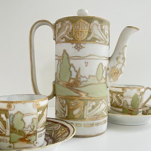 Vintage TN Japan Hand Painted Coffee and Demitasse Cups Set - Art Deco - Rare - Porcelain - Nippon