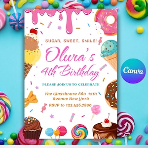 Sweet Party Invitation, Editable Candy Land Party Invite, Sweets Candy Birthday, Pastel Sweet Invitation , Canva Temmplate, Instant Dowload