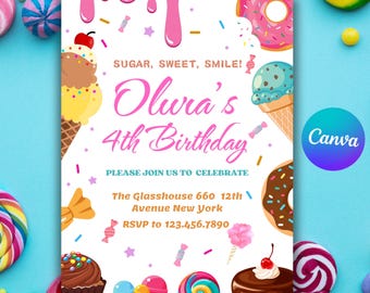Sweet Party Invitation, Editable Candy Land Party Invite, Sweets Candy Birthday, Pastel Sweet Invitation , Canva Temmplate, Instant Dowload