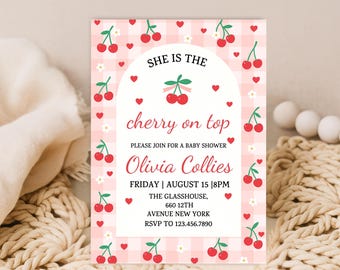 Cherry On Top Baby Shower Invitation | Cute Pink Cherry Theme | Editable Canva Template | Digital Download for Girl Party Celebration