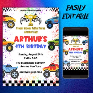Monster Truck İnvitation, Jungen-Truck-Party einladen, Truck-Party einladen, Geburtstagseinladung, bearbeitbare Canva-Vorlage, Instant Dowload,