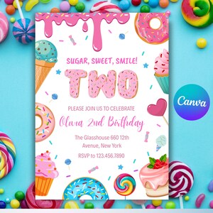 Invito per due dolci compleanni, invito per due dolci, invito per il secondo compleanno, invito per dessert per due anni, Canva, inviti per gelato e ciambelle
