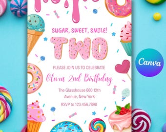 Invitación de cumpleaños para dos personas, invitación para dos personas, invitación para el segundo cumpleaños, invitación de postre para dos años, Canva, invitaciones de helado y donas