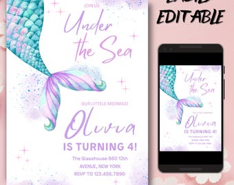 Mermaid Birthday Invitation, Mermaid 4th Birthday Girl, Under the Sea Editable Template, Mermaid Party Blue Pink Invite , Instant Download