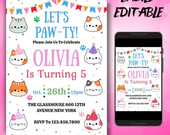 Invito di compleanno a tema gatto, invito a tema gatto, invito per festa a tema gatto, invito per festa a tema gatto, modello Canva modificabile, download immediato