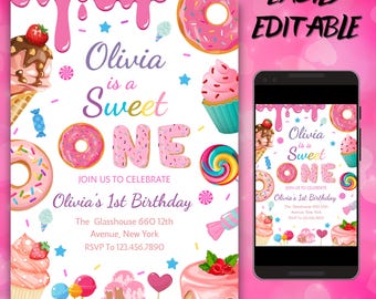 Invitación de cumpleaños para niña, invitación para primer cumpleaños, postres pastel, donas, dulces, helados, cupcakes, plantilla de Canva