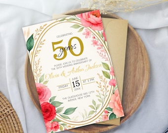 Invito per il 50° anniversario di matrimonio, invito per anniversario di matrimonio Greenery, invito stampabile per anniversario di matrimonio, modello Canva modificabile 5 x 7 pollici