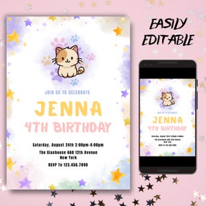 Cat Birthday Invitation, Kitten Birthday Invitations, Printable Kitten Invite, Digital Invitation, Pet İnvitations, Editable Kids Template