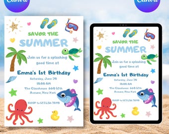 Faire-part d'anniversaire modifiable, faire-parts piscine, invitation chaton imprimable, faire-part numérique, invitations, modèle enfant modifiable