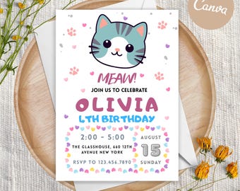Invito di compleanno modificabile a tema gattino, inviti per feste di compleanno stampabili, invito di compleanno a tema gatto, inviti per ragazze, download immediato