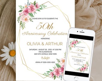 50th Anniversary Invitation, Greenery Wedding Anniversary Invite, Wedding Anniversary Invitation Printable, Editable CanvaTemplate 5x7 INCH