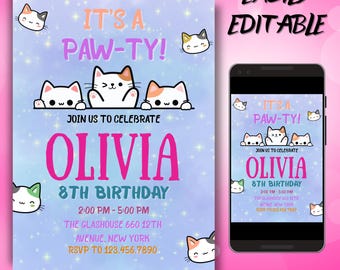 Cat Birthday Invitation, Cat Themed Invitation, Printable Kitten Invite, Pet invitations, Digital invitation, Canva Editable Template