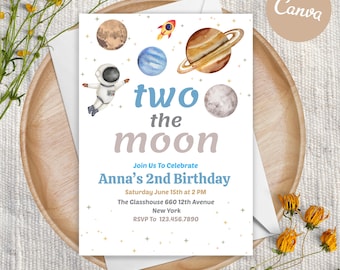 Two the Moon Birthday Invite Girl, Pastel Outerspace Invitation, Space 2nd Birthday Invitation, Girl 2nd Birthday, Canva Template, Digital