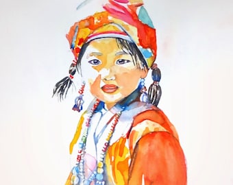 Portrait à l'aquarelle d'une jeune fille tibétaine. Aquarelle originale