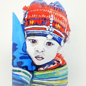 Pittura ad acquerello. Bambino della tribù della collina Akha. Bambino originale.