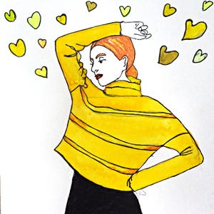 Carta dipinta a mano. Meisje ha incontrato gele trui. Ragazza con maglione giallo.