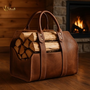 May include: A brown leather log carrier filled with firewood. The carrier has two handles and a strap that goes around the front. The firewood is stacked neatly inside the carrier. The background includes a fireplace and wooden paneling.