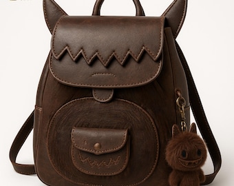 Labubu Inspired Leather Backpack, Handmade Monster Design, Vintage Brown Elf Ear Bag, Cute Kawaii, gothic Gift for Collectors Fashion Lovers