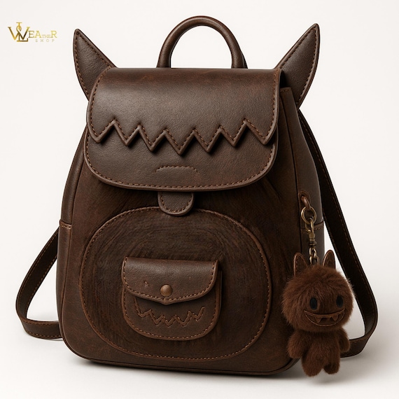 Labubu Inspired Leather Backpack, Handmade Monster Design, Vintage Brown Elf Ear Bag, Cute Kawaii, gothic Gift for Collectors Fashion Lovers