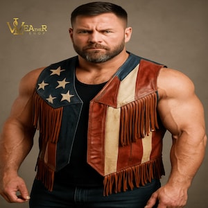 Customize American Flag Leather Vest with Fringe, Patriotic Western Biker Vest, USA Stars & Stripes Vintage Cowboy, Independence Day outfit