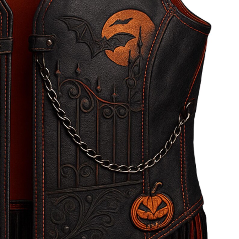 Halloween Gothic Leather Vest with Skull, Bats & Spiderweb, Spooky Fringe Festival Vest for Adults, Unisex Halloween Costume, Halloween gift