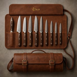 Könnte beinhalten: Ein Set aus zehn Edelstahl-Küchenmessern mit dunkelbraunen Holzgriffen, präsentiert in einer braunen Leder-Messertasche. Die Tasche ist geöffnet und zeigt die Messer, darunter eine passende Ledertragetasche. Das Logo "WEAR" ist sichtbar.