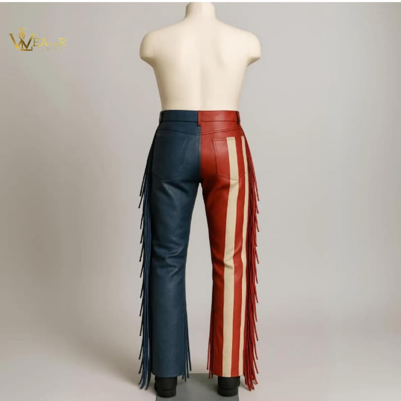 Customize American Flag Leather Fringe Pants, Patriotic USA Western Cowboy Style trouser, Red White Blue Star Stripe Festival cosplay Pants