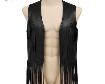 Chaleco de cuero unisex con flecos, traje de festival de vaquero y motociclista occidental, chaleco de cuero hecho a mano, disfraz gótico de Halloween, traje de cosplay