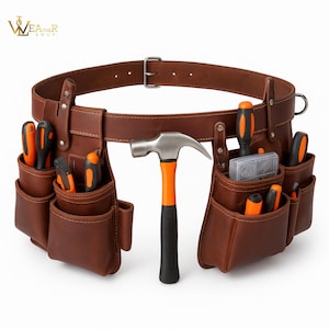Personalized Leather Tool Belt, Full Grain Brown Leather Tool Carrier Pouches, Hammer Holder, Carpenter, Electrician & Craftsman Work Belt