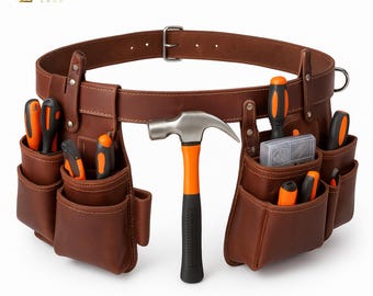 Personalized Leather Tool Belt, Full Grain Brown Leather Tool Carrier Pouches, Hammer Holder, Carpenter, Electrician & Craftsman Work Belt