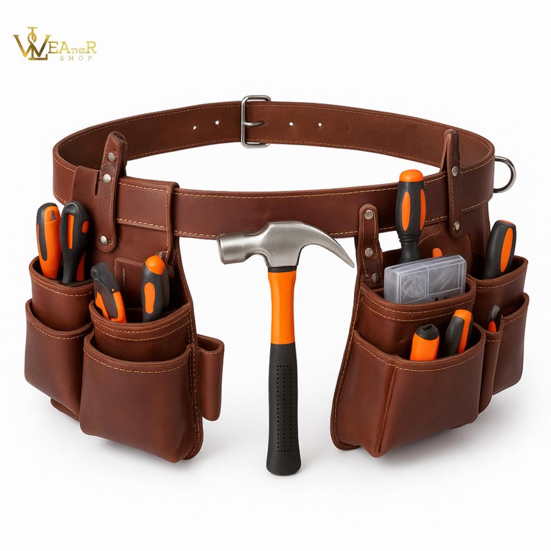 Personalized Leather Tool Belt, Full Grain Brown Leather Tool Carrier Pouches, Hammer Holder, Carpenter, Electrician & Craftsman Work Belt