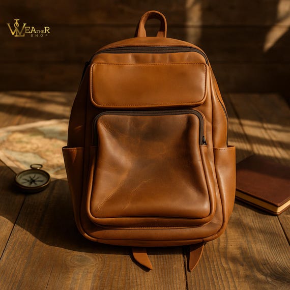 Vintage Handmade Tan Leather Backpack Unisex s-l400.jpg main image 3