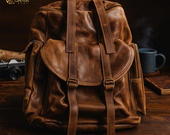 Vintage Leather Backpack for Men & Women, Handmade Travel Rucksack, Rustic Brown Full-Grain Leather Bag, Adventure Backpack, Gift for Him