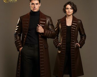 Premium Handmade Full Grain Leather Coat, Long Trench Overcoat, Unisex Vintage Brown Steampunk Cosplay Jacket, Winter Fashion Outerwear