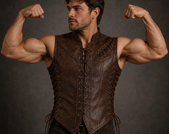 Leren piratenvest heren bruin vetersluiting achterkant flex middeleeuws renaissance kostuumgilet, cadeau voor hem
