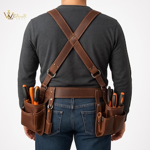 Personalized Leather Tool Belt, Full Grain Brown Leather Tool Carrier Pouches, Hammer Holder, Carpenter, Electrician & Craftsman Work Belt
