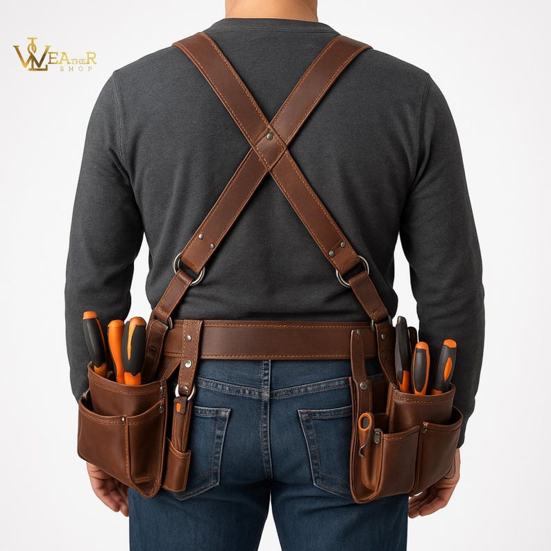 Personalized Leather Tool Belt, Full Grain Brown Leather Tool Carrier Pouches, Hammer Holder, Carpenter, Electrician & Craftsman Work Belt