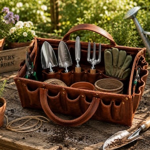 May include: A brown leather gardening tool bag with two handles, containing metal hand trowels, a transplanter, a cultivator, and green gloves. The bag features multiple exterior pockets and interior slots for organizing various gardening tools.