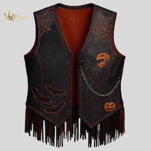 Halloween Gothic Leather Vest with Skull, Bats & Spiderweb, Spooky Fringe Festival Vest for Adults, Unisex Halloween Costume, Halloween gift