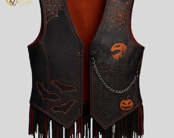 Halloween Gothic Leather Vest with Skull, Bats & Spiderweb, Spooky Fringe Festival Vest for Adults, Unisex Halloween Costume, Halloween gift