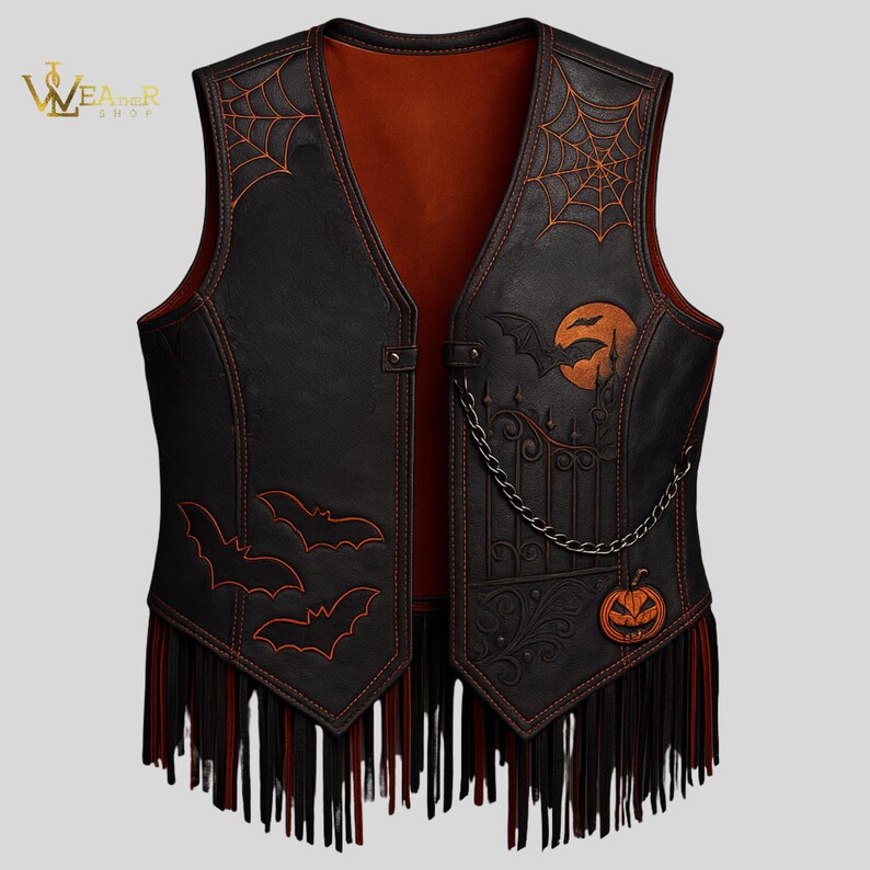 Halloween Gothic Leather Vest with Skull, Bats & Spiderweb, Spooky Fringe Festival Vest for Adults, Unisex Halloween Costume, Halloween gift