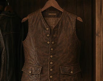 Vintage leren vest, verweerd bruin bikervest, rustiek cowboy leren vest, western motorvest, handgemaakt echt leren gilet