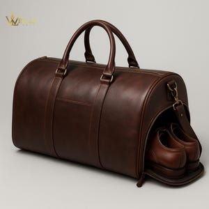 Puede incluir: Una bolsa de viaje de cuero marrón oscuro con un compartimento para zapatos separado. La bolsa tiene dos asas superiores y una correa para el hombro. La bolsa está hecha de cuero liso. Se ven un par de zapatos de cuero marrón.