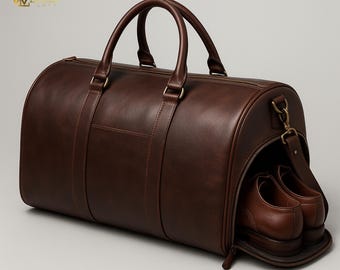 Leather Duffle Bag with Shoe Compartment, Personalized Travel Weekender Bag, Men’s Gym Bag, Overnight Bag, Carry On Luggage, gift for him