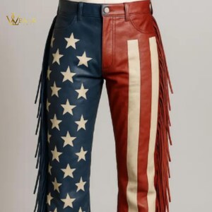 Customize American Flag Leather Fringe Pants, Patriotic USA Western Cowboy Style trouser, Red White Blue Star Stripe Festival cosplay Pants