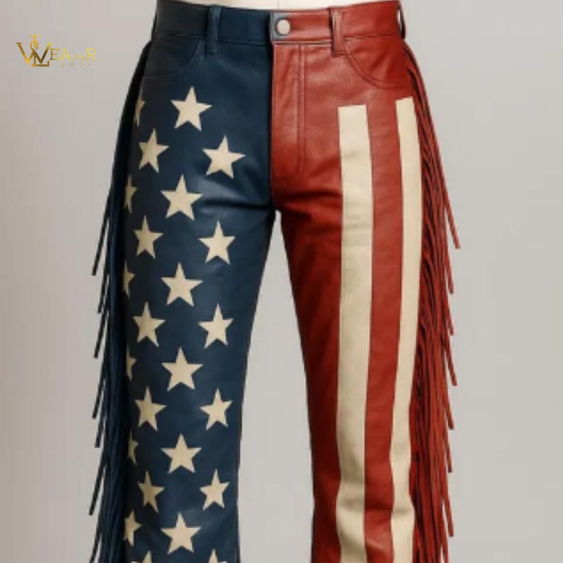 Customize American Flag Leather Fringe Pants, Patriotic USA Western Cowboy Style trouser, Red White Blue Star Stripe Festival cosplay Pants