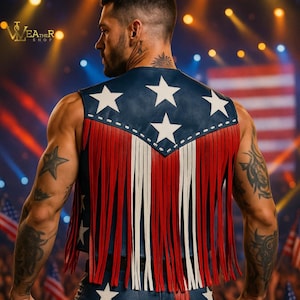 American Flag Fringe Leather Vest, USA Western Rodeo Festival Biker Outfit, Patriotic Red White Blue Star Spangled Costume, Western & cowboy