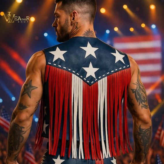 American Flag Fringe Leather Vest, USA Western Rodeo Festival Biker Outfit, Patriotic Costume, Western and cowboy carter, beyonce outfit